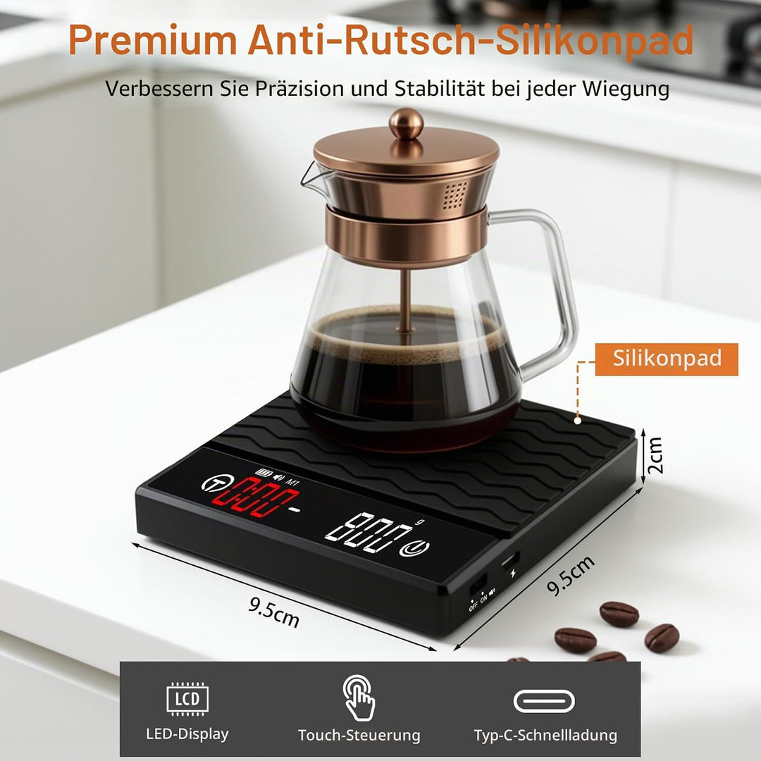 Kaffee Waage mit Timer, Espresso Waage 2kg/0,1g Präzisionswaage, Wiederaufladbare Küchenwaage mit LE