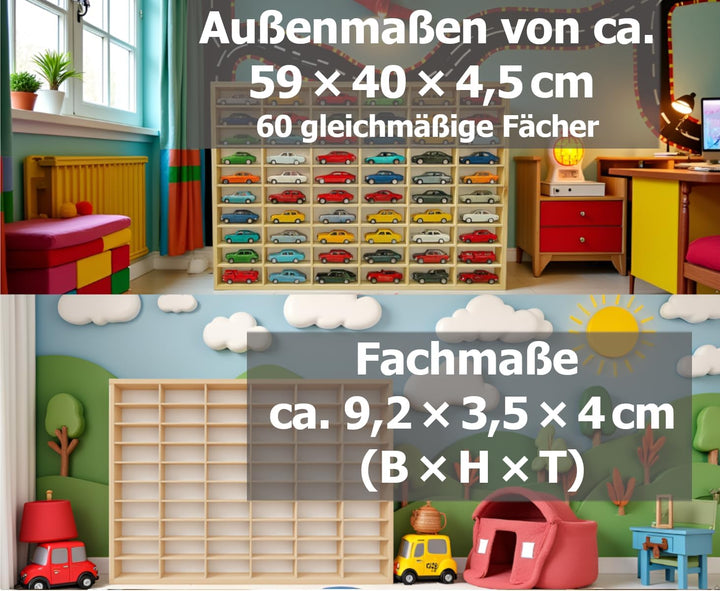 Setzkasten für Modellautos aus Holz von FabaHome - Sammelvitrine für Autos mit 60 Fächern | Wandrega