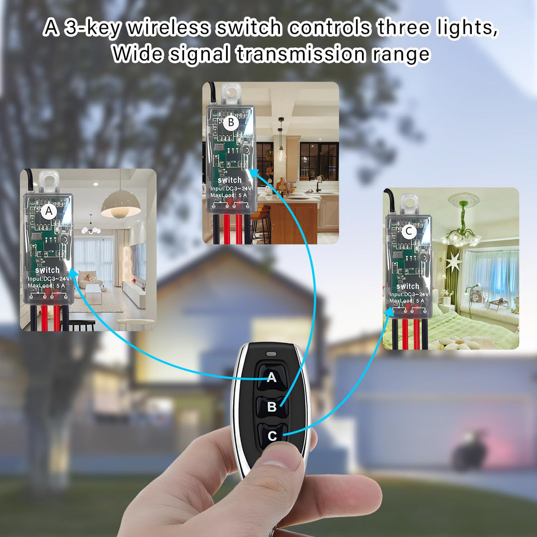 12v funkschalter,3 Wege kabelloser Lichtschalter DC 5V/12V/24V/5A Mini Relais 1 Kanal Wireless Licht
