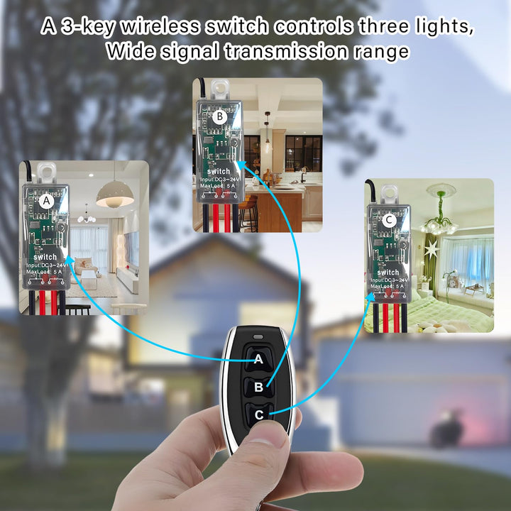 12v funkschalter,3 Wege kabelloser Lichtschalter DC 5V/12V/24V/5A Mini Relais 1 Kanal Wireless Licht