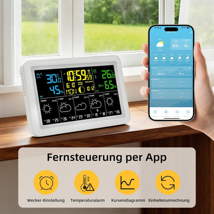 Wetterstation Funk mit 1 Aussensensoren, Farbdisplay - Präzise Wettervorhersage, Innen/Aussen Temper