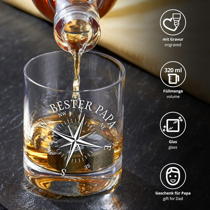 AMAVEL Whiskyglas mit Gravur Kompass, Tumbler Glas Bester Papa, Vatertagsgeschenk, Graviertes Whisky