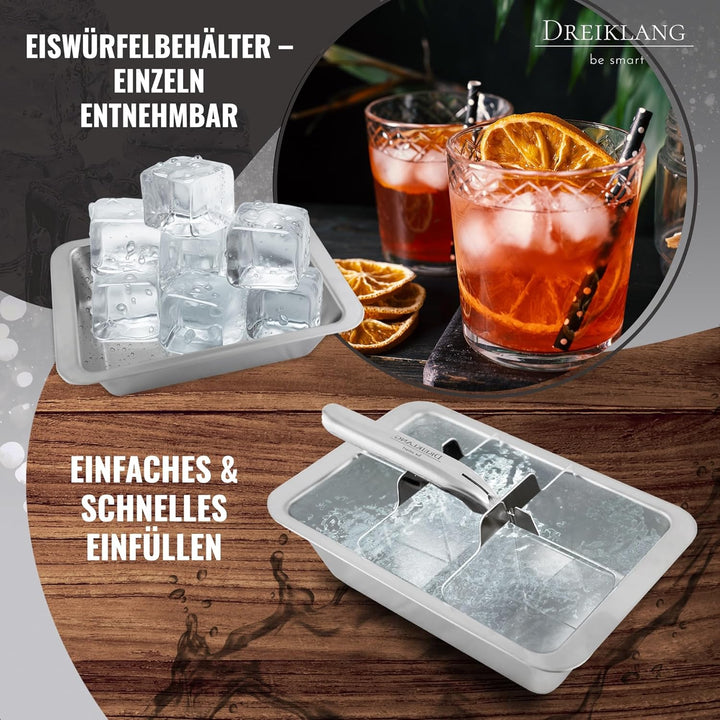18/8 Edelstahl XXL Eiswürfelform Gross mit Hebeleinsatz für müheloses Entnehmen I Poliert I Lebensmi