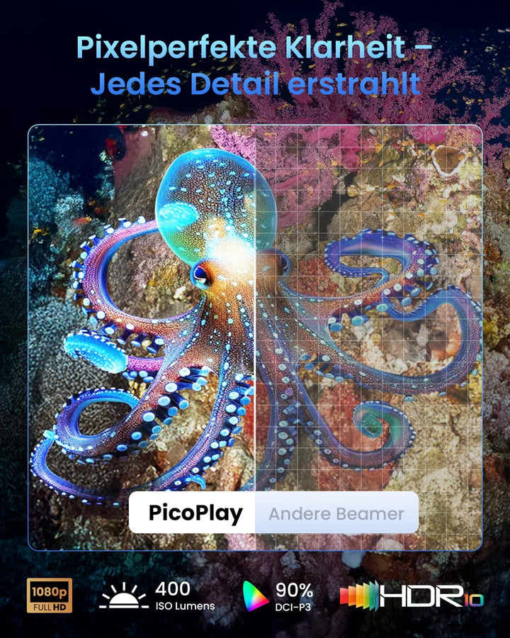JMGO PicoPlay 1080P Smart Tragbarer Beamer, GTV, Lizenziertes Netflix, 400 ISO Lumen, 8W Dolby Digit