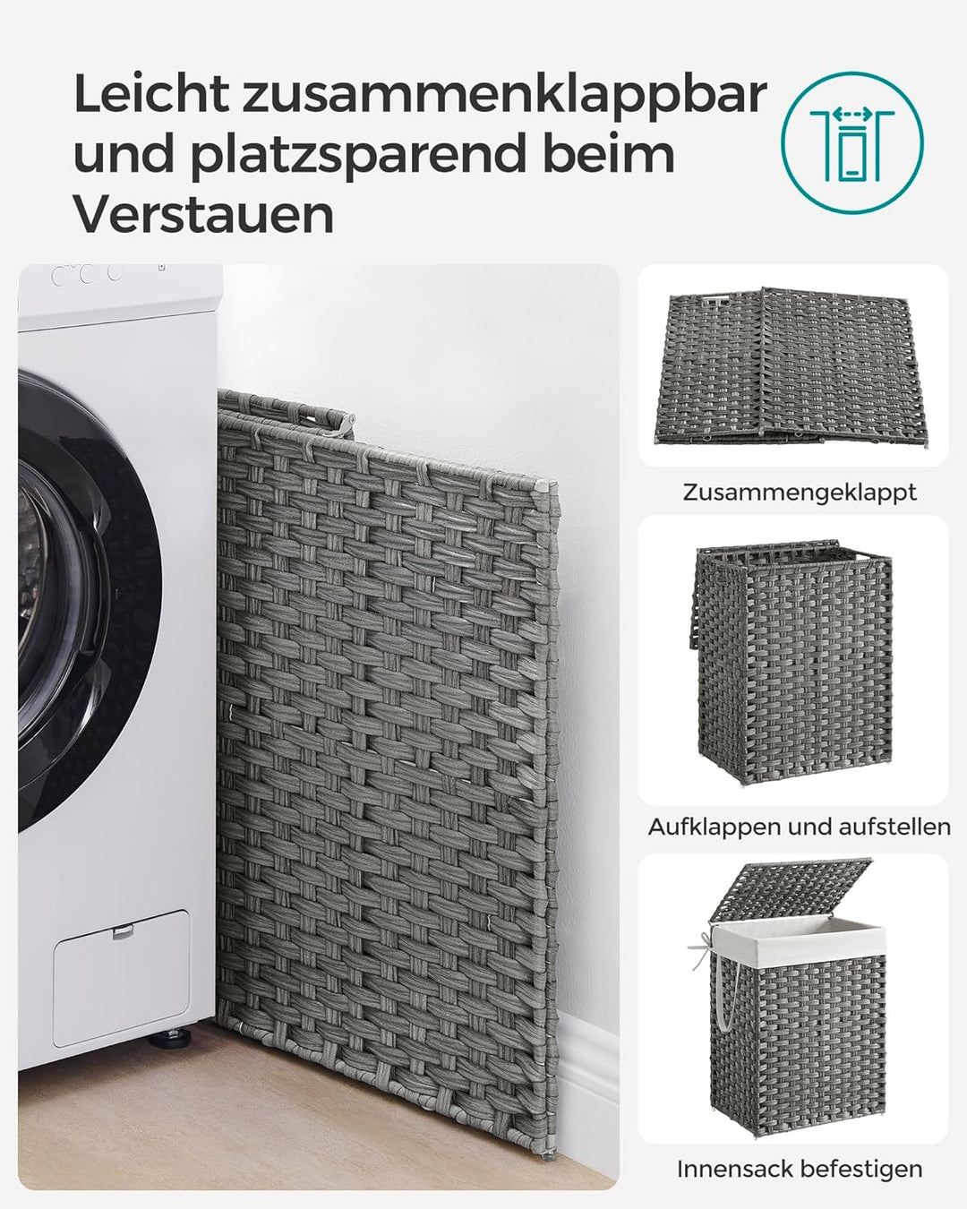 SONGMICS Aufbewahrungskorb, schmutzige Wäsche, 90 l, mit Deckel, faltbar, abnehmbarer Stoffbeutel un