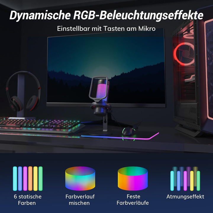 TONOR Gaming Mikrofon PC mit RGB-Modi & Helligkeit einstellbar, USB/Type-C Microphone für Streaming