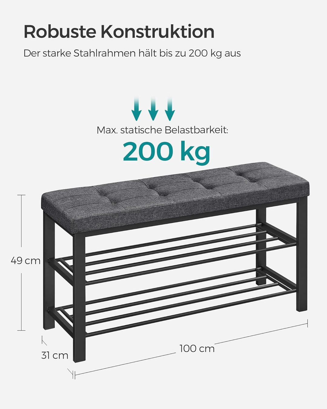 SONGMICS Schuhbank, Schuhregal mit 3 Ebenen, Schuhaufbewahrung, Sitz mit Schaumstoffpolsterung, Lein