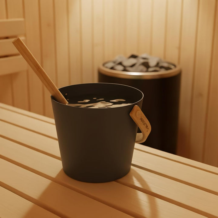 Sauna Zubehör Set: 4L Aluminium Eimer und 42cm Kelle, Bambusgriffe (Anthrazit), Anthrazit