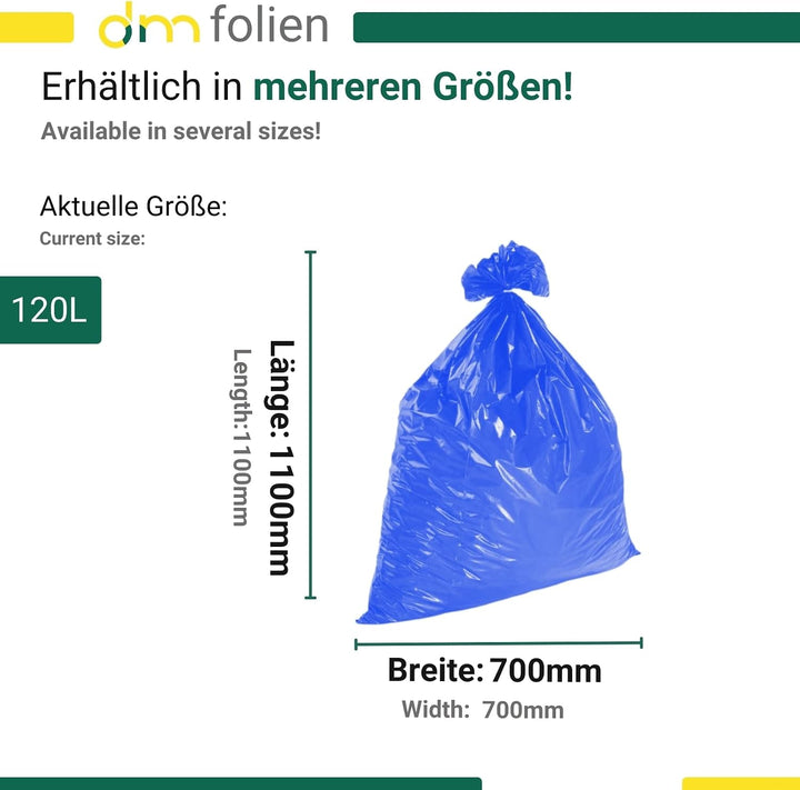 dm-folien gmbh Müllsäcke 120 Liter - 700 x 1100 mm | 50 Stück | Blaue Abfallsäcke | Reissfeste Entso