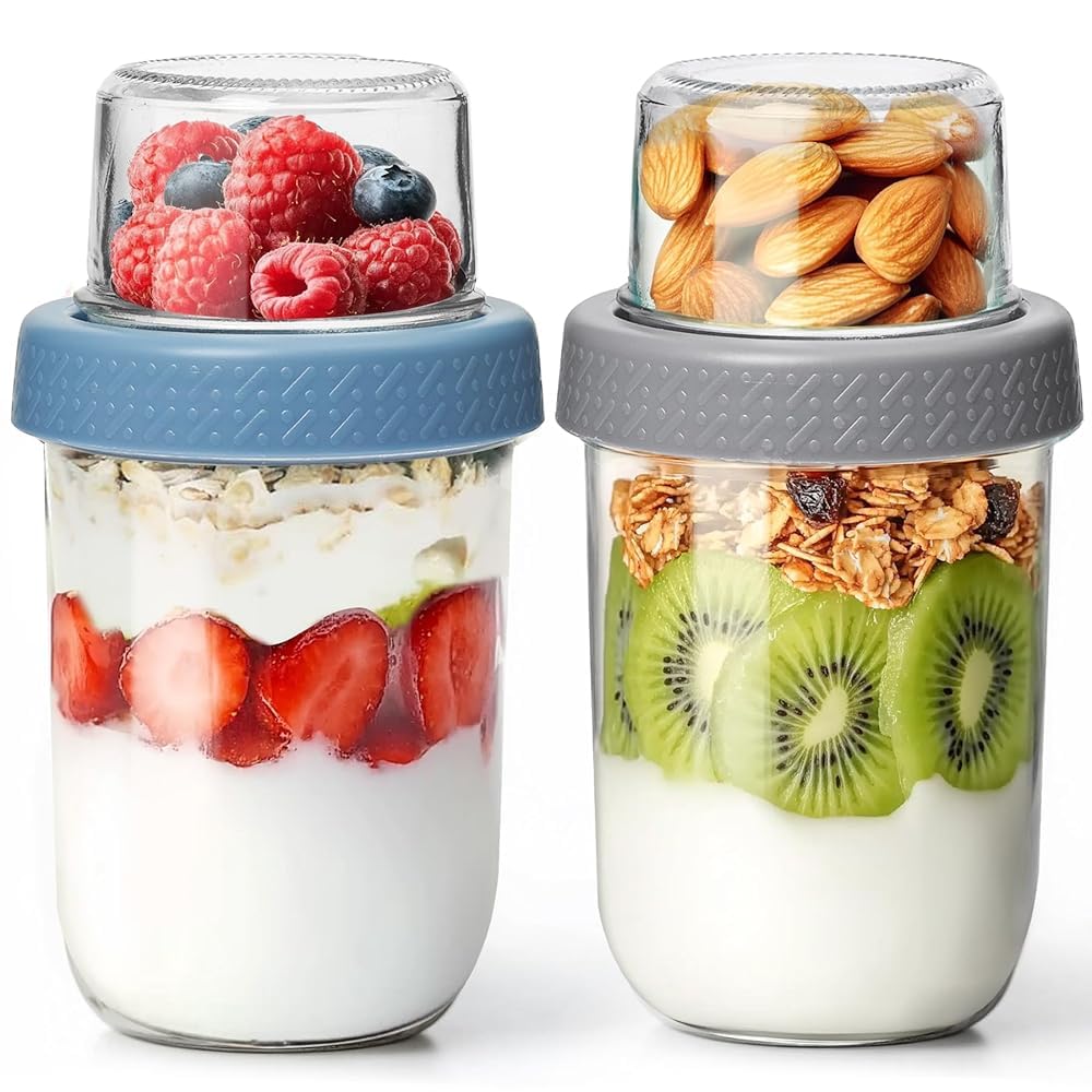 ComSaf Joghurtbecher to Go 2er Set, 480 ml Overnight Oats Gläser aus Glas mit 120 ml Topping-Fach, M