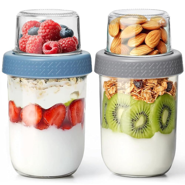 ComSaf Joghurtbecher to Go 2er Set, 480 ml Overnight Oats Gläser aus Glas mit 120 ml Topping-Fach, M