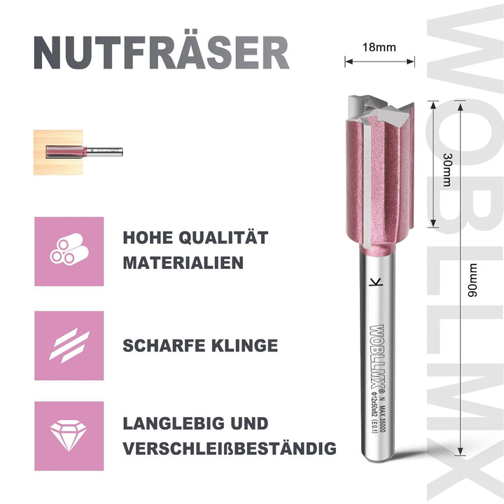 3 Klingen Nutfräser 8mm Schaft,Ø18mm Arbeitslänge 30mm Professional Hartmetall Bestückt Nutfräser St