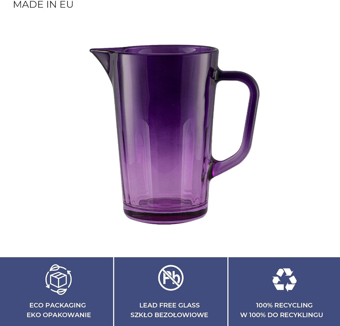 TREND FOR HOME Wasserkaraffe Glas 1 Liter mit Handlichem Griff Bunt Wasserkrug 19 cm Glaskanne Lila