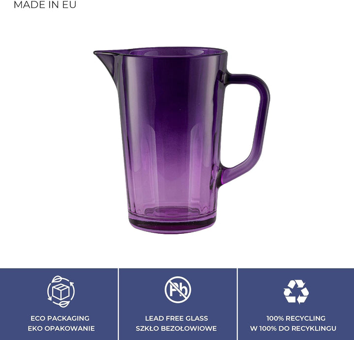 TREND FOR HOME Wasserkaraffe Glas 1 Liter mit Handlichem Griff Bunt Wasserkrug 19 cm Glaskanne Lila