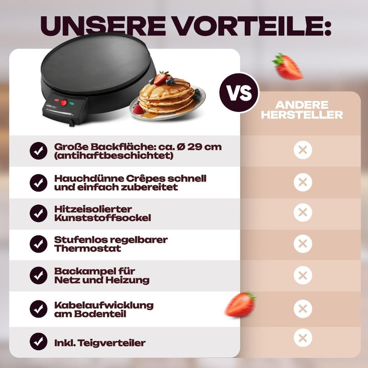 Clatronic CM 3372 Crepe-Maker, antihaft-beschichtete Platte: Ø 29 cm, Set inkl. Teigverteiler, Crepe