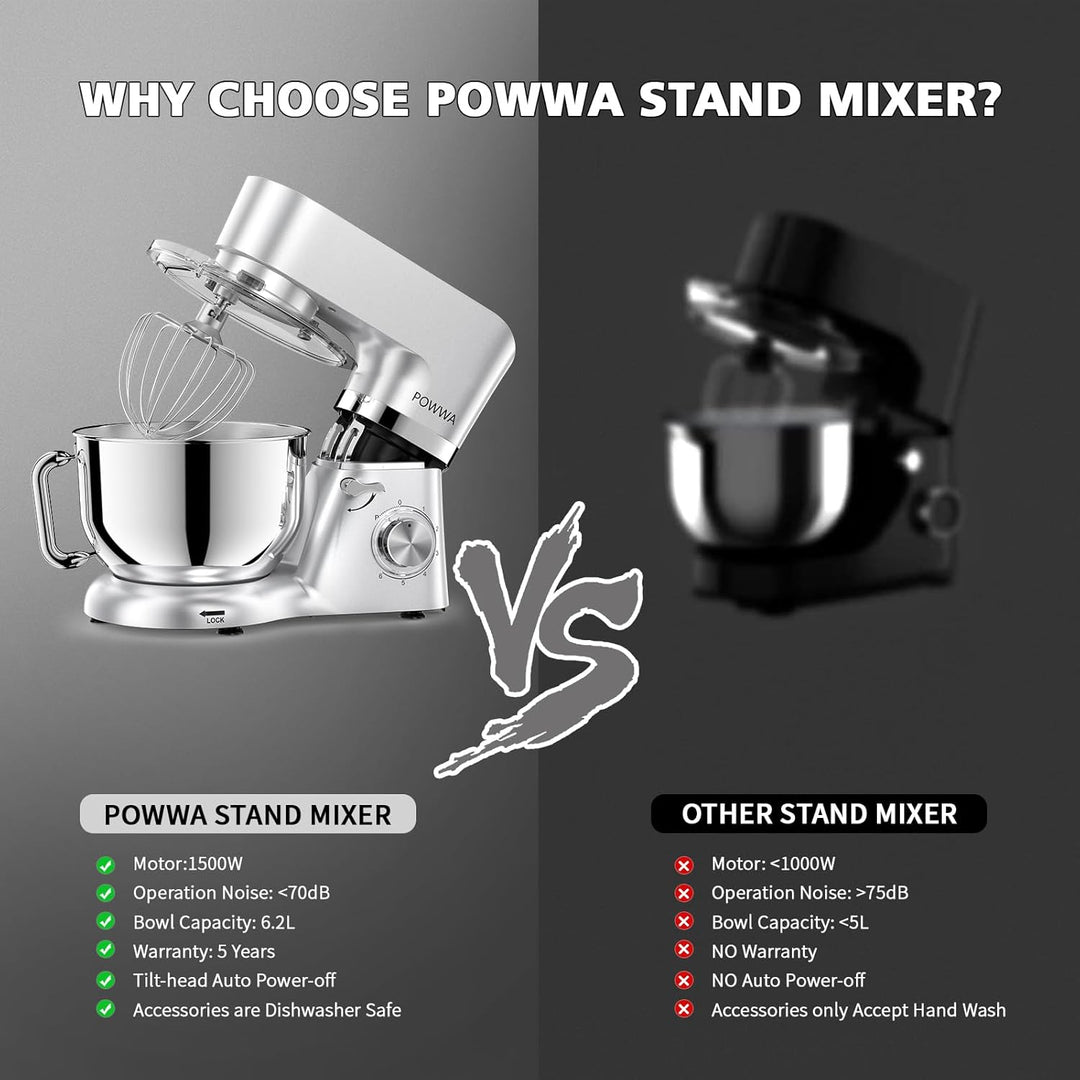 Küchenmaschine, POWWA 6,2 L Rührmaschine Knetmaschine, 6+1 Geschwindigkeit Teigmaschine,1500W Teigkn