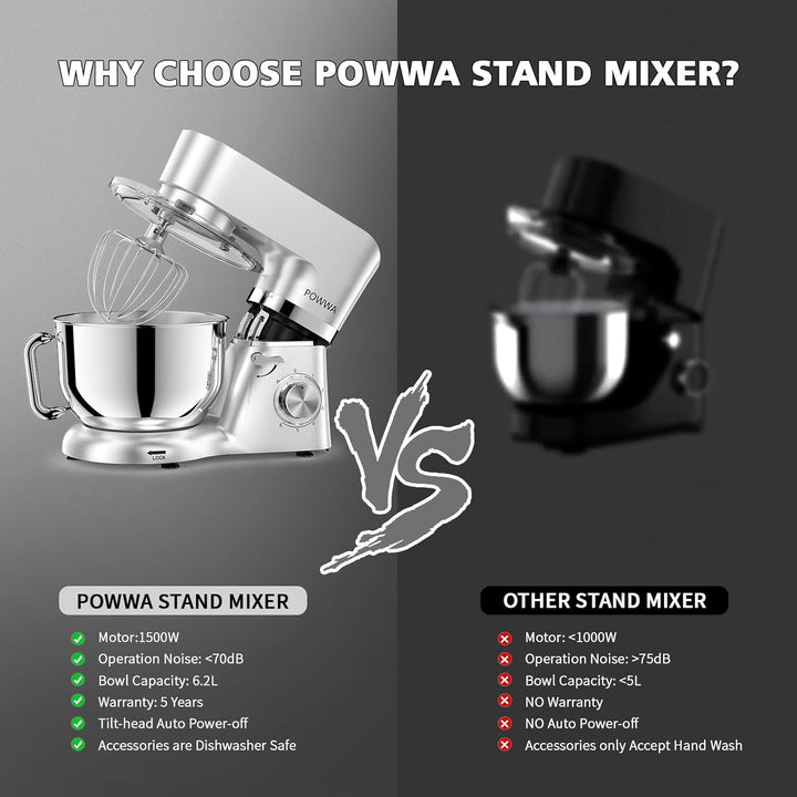 Küchenmaschine, POWWA 6,2 L Rührmaschine Knetmaschine, 6+1 Geschwindigkeit Teigmaschine,1500W Teigkn