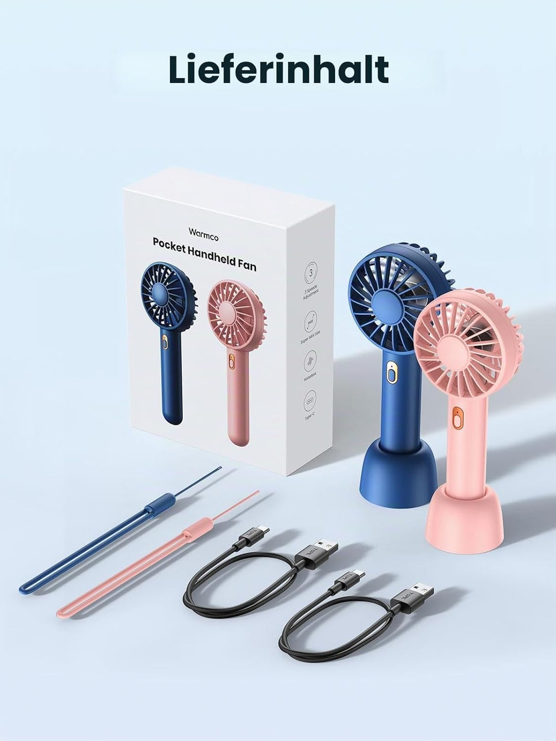 Warmco 2 stück Handventilator, Tragbarer Mini USB Ventilator mit 3 Geschwindigkeiten,Ventilator Klei