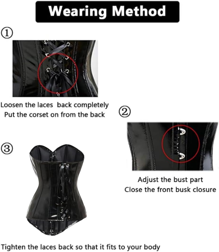 KUOSE Damen Body Shaper Dessous Gothic PVC Kunstleder Corsage Mieder Top Schwarz M Schwarz, M Schwar