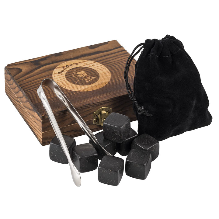 Buddy´s Bar - 9 Whiskey Steine, 2 x 2 cm, Geschenkset Premium, stilvolle Holzbox, Samtbeutel, Zange,