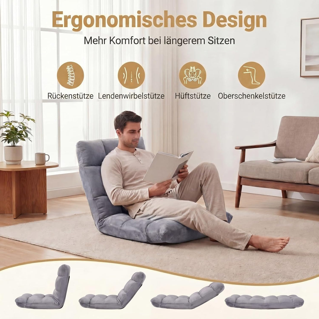 RELAX4LIFE Bodenstuhl klappbar, Bodensessel mit Liegefunktion (Grau) | Bodensitz mit Verstellbarer R