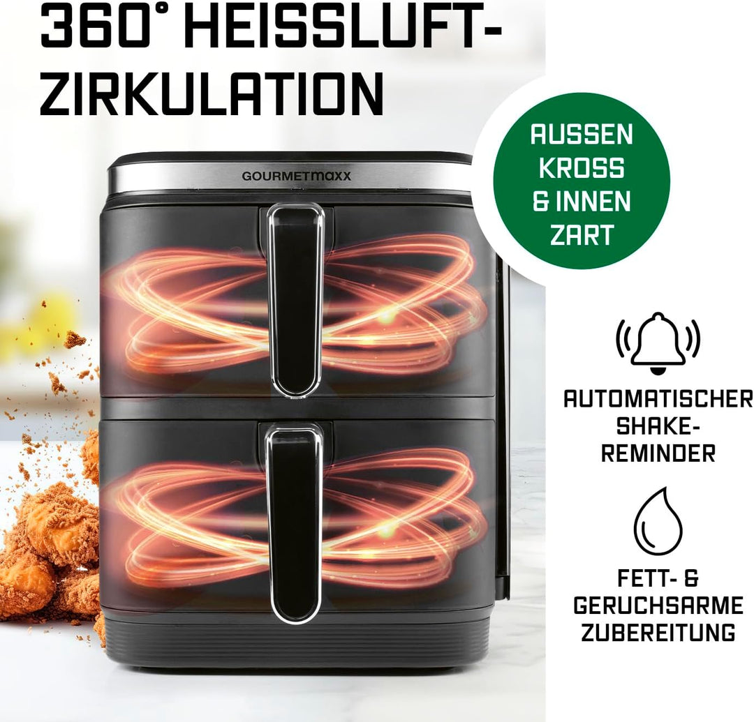 GOURMETmaxx FryUp Vertikale Doppelkammer Heissluftfritteuse | Airfryer 10 Liter | 4 Speisen auf 4 Eb