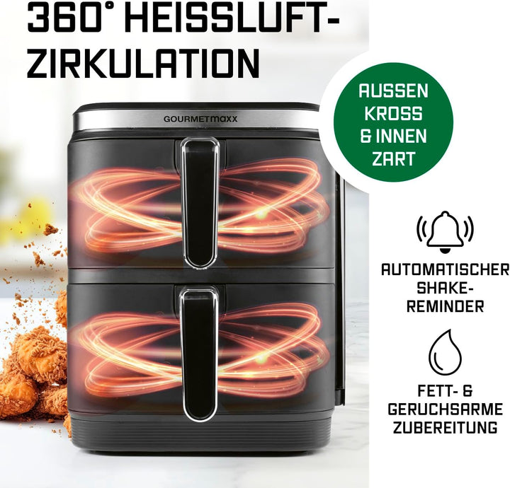 GOURMETmaxx FryUp Vertikale Doppelkammer Heissluftfritteuse | Airfryer 10 Liter | 4 Speisen auf 4 Eb