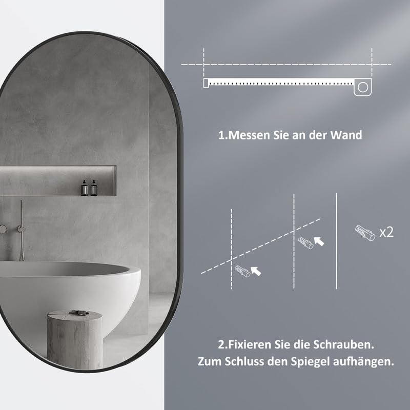 Spiegel Schwarz 80x50cm Ovaler Wandspiegel mit Metallrahmen Dekorative Spiege für Badezimmer Wohnzim