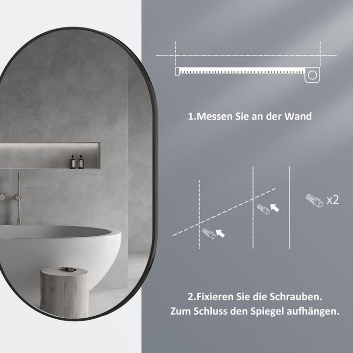 Spiegel Schwarz 80x50cm Ovaler Wandspiegel mit Metallrahmen Dekorative Spiege für Badezimmer Wohnzim