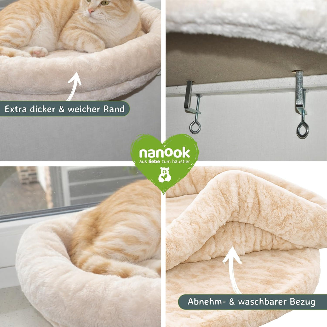 nanook Fensterbank Liege Top für Katzen - Fensterliegekissen - Plüschrand - XXL 60 x 45 x 10 cm - be