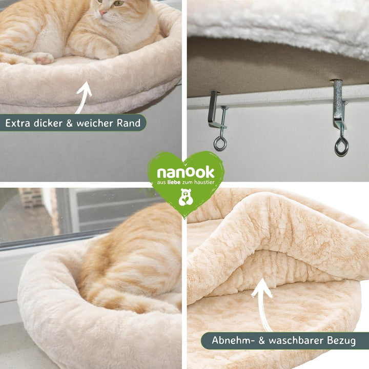 nanook Fensterbank Liege Top für Katzen - Fensterliegekissen - Plüschrand - XXL 60 x 45 x 10 cm - be