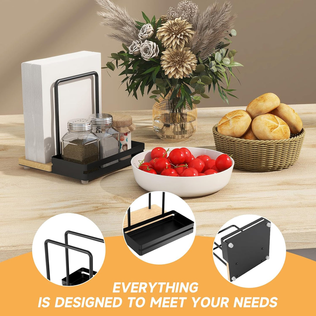 Serviettenhalter Schwarz,Serviettenhalter aus Metall & Holz Serviettenspender mit Caddy für Tisch Kü