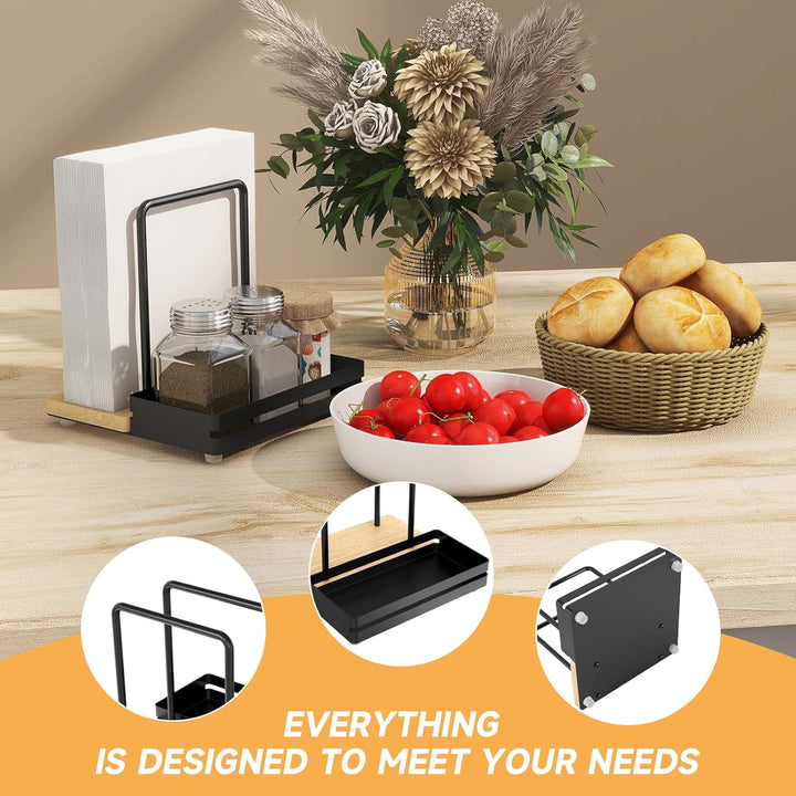 Serviettenhalter Schwarz,Serviettenhalter aus Metall & Holz Serviettenspender mit Caddy für Tisch Kü