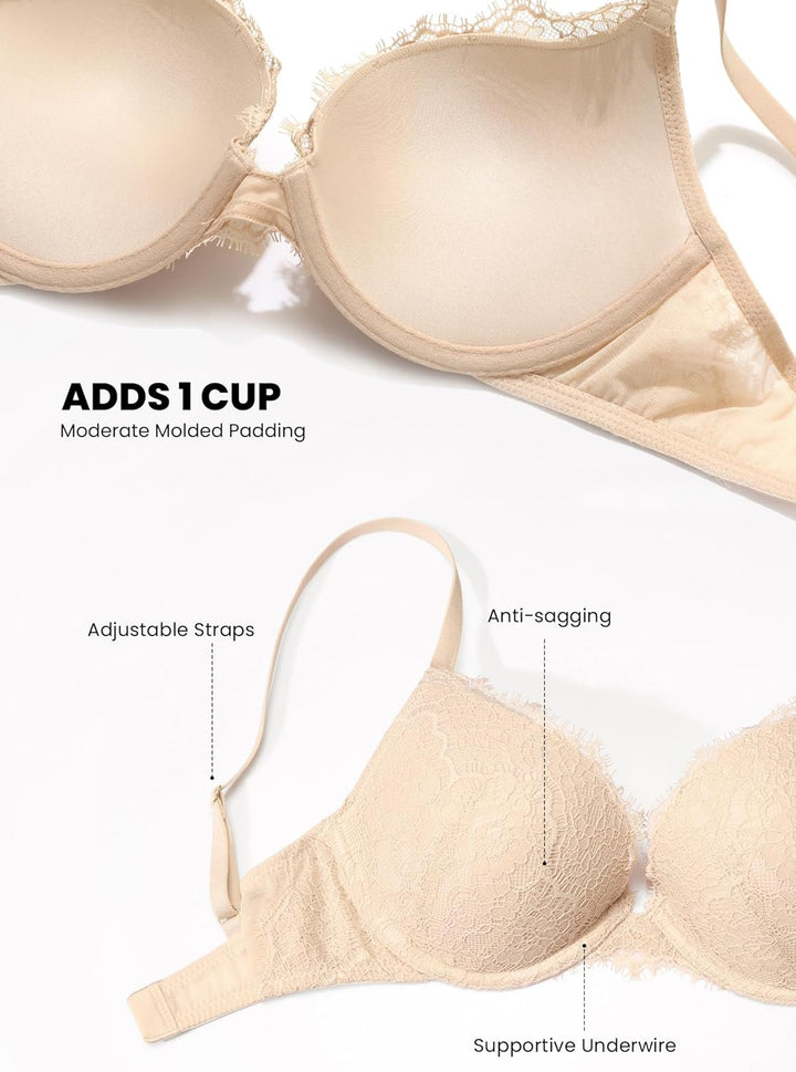 DOBREVA Damen Push Up BH mit Blumen Wimpern Spitze Sexy Bügel BHS Gepolstert 70D Beige, 70D Beige