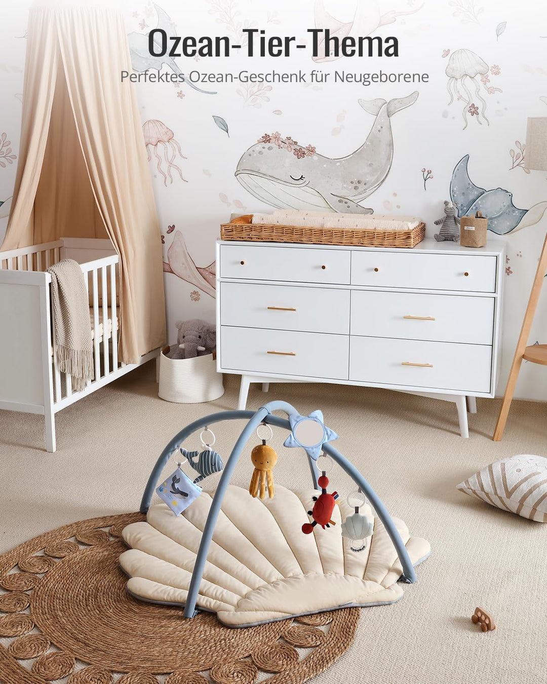 Blissful Diary Spielbogen Baby, Spieldecke Baby Gym Activity Decke mit 6 Abnehmbare Spielzeuge, krab