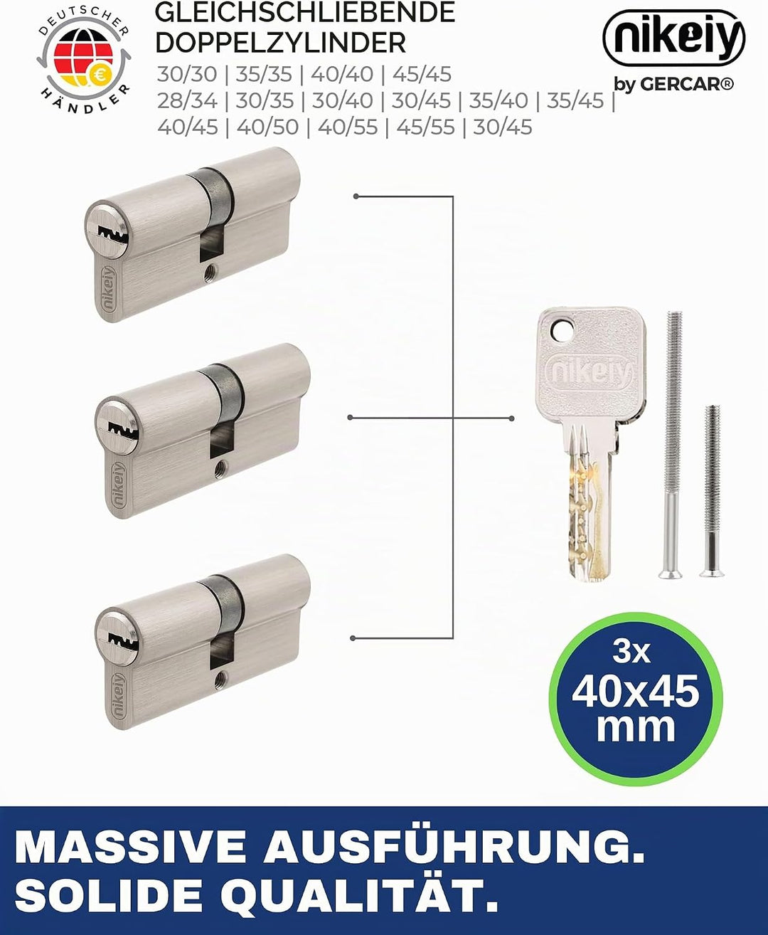 GERCAR Pro Profilzylinder 40/45 Massiver Schliesszylinder gleichschliessend 3er Set Doppelzylinder Z