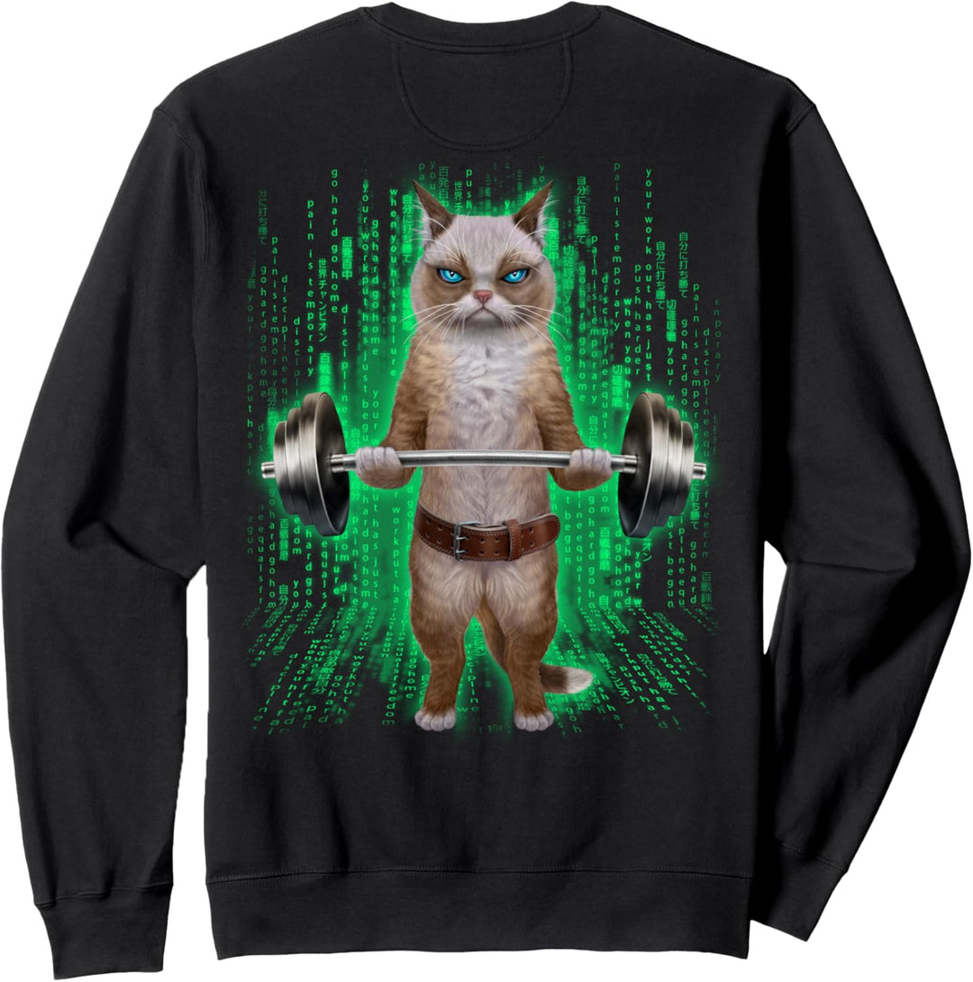 Ragdoll Katze, die Gewichte im Cyber-Fitnessstudio hebt Sweatshirt