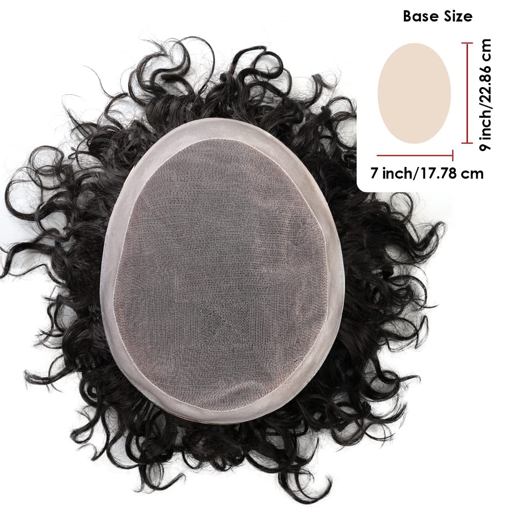 Lordhair Lockige Toupet für Männer, Echthaar-Toupet, Haarersatzsystem(18 * 23CM, Off Schwarz 1B#) 18