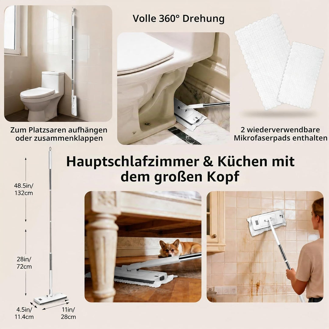 Wischmopp mit Druck-Klemm-System mit Mini Mop 120cm 2-in-1 kontaktlos Mop Leichtgängiges Schnappklem