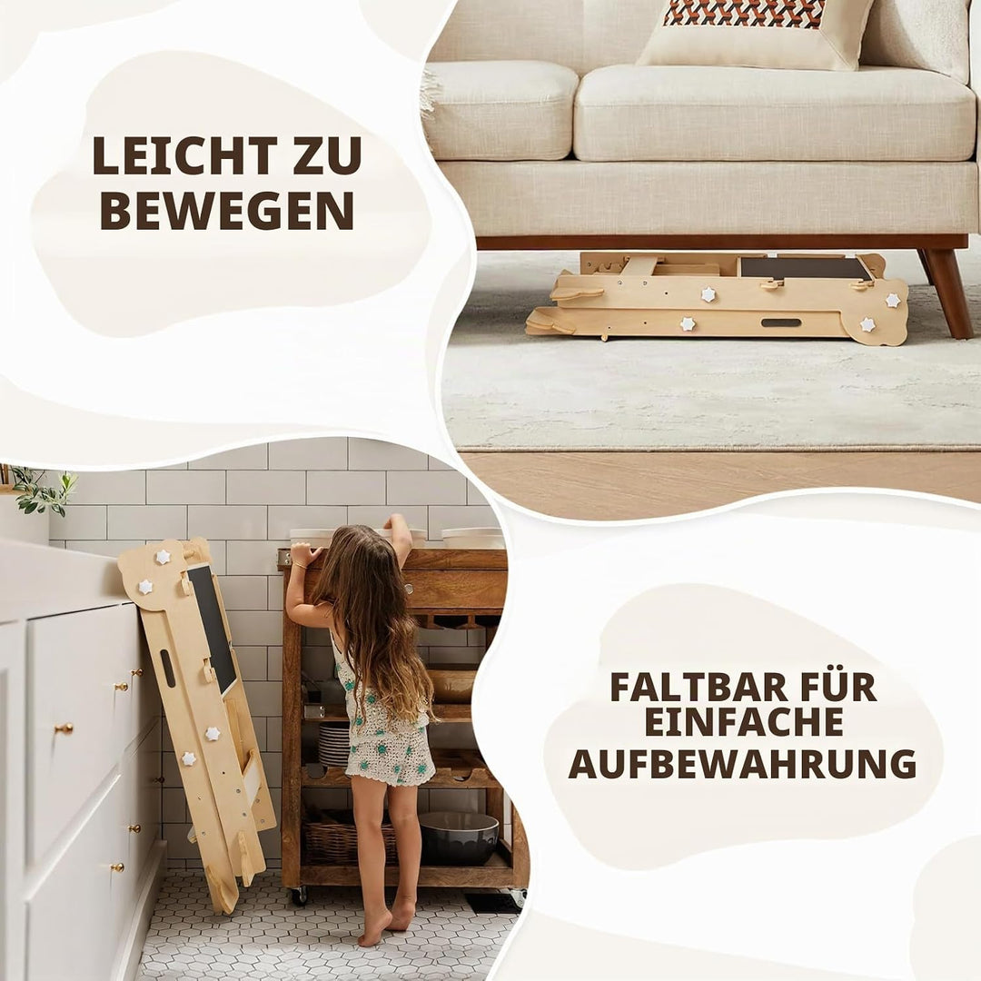 labebe Klappbar Lernturm für Kinder, Montessori Learning Tower mit Zweiseitige Tafel, 3 in 1 Einstel