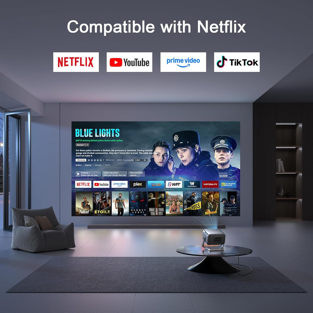 Smart Beamer【Netflix vorinstalliert & Dolby Audio】 VOPLLS Autofokus/Trapezkorrektur 40000 Lumen Beam