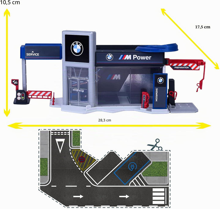 Majorette BMW Showroom Spielset mit Auto - Spielgarage mit Drehscheibe, Schiebefenster, Tor & Waschs