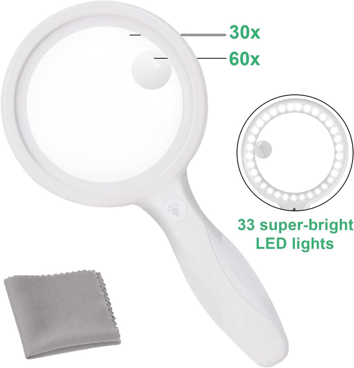 Lupe mit Licht, 60 Fach 33 LED Handlupe 30XLeselupe mit Licht, USB-Aufladung Lupe 3 Modi Leselupe fü