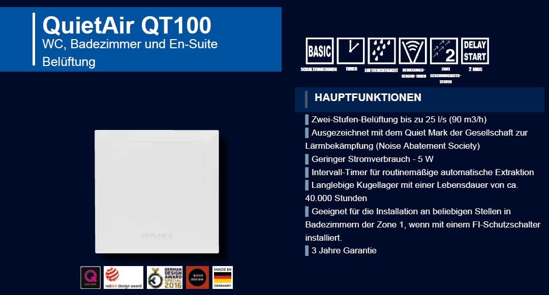 Airflow QT100HT 9041261 Abluftventilator, geräuscharm, Aktivierung durch Feuchtigkeit oder mittels Z