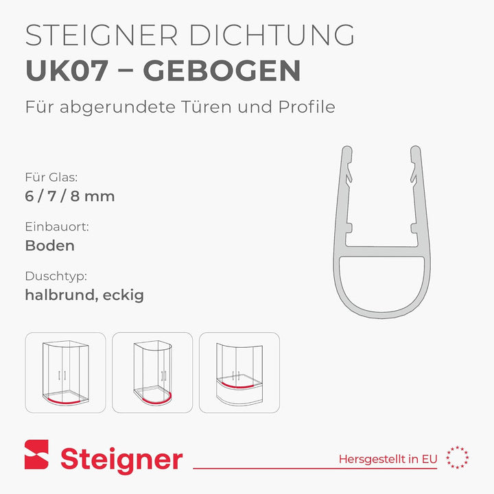 STEIGNER Duschtürdichtung gebogen UK07 180 cm (1 Stk.) Transparent - Duschdichtung für Runddusche od