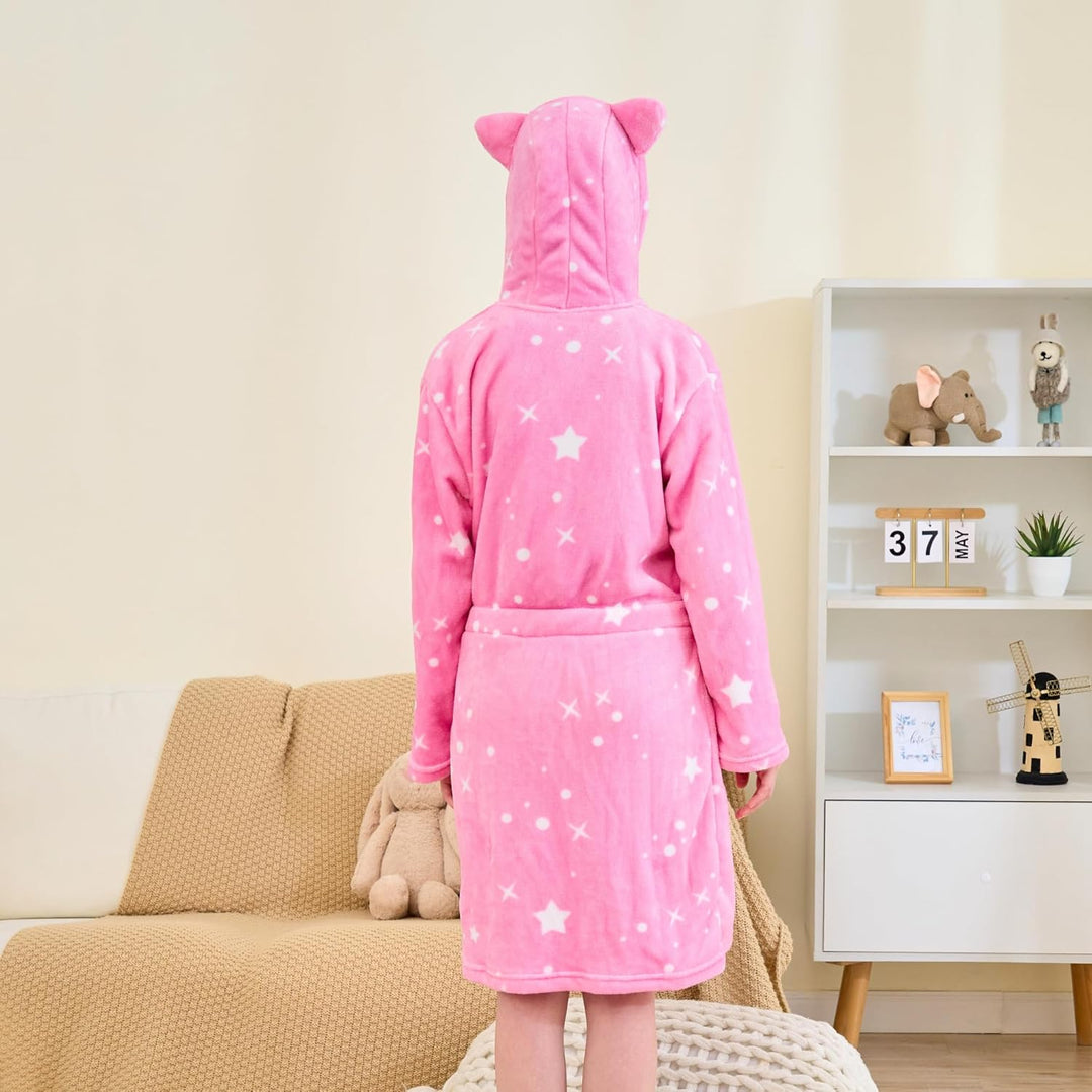 Katzen Bademantel für Mädchen Weiches Fleece Morgenmäntel mit Kapuze und Katzenohren Rosensterne 4-5