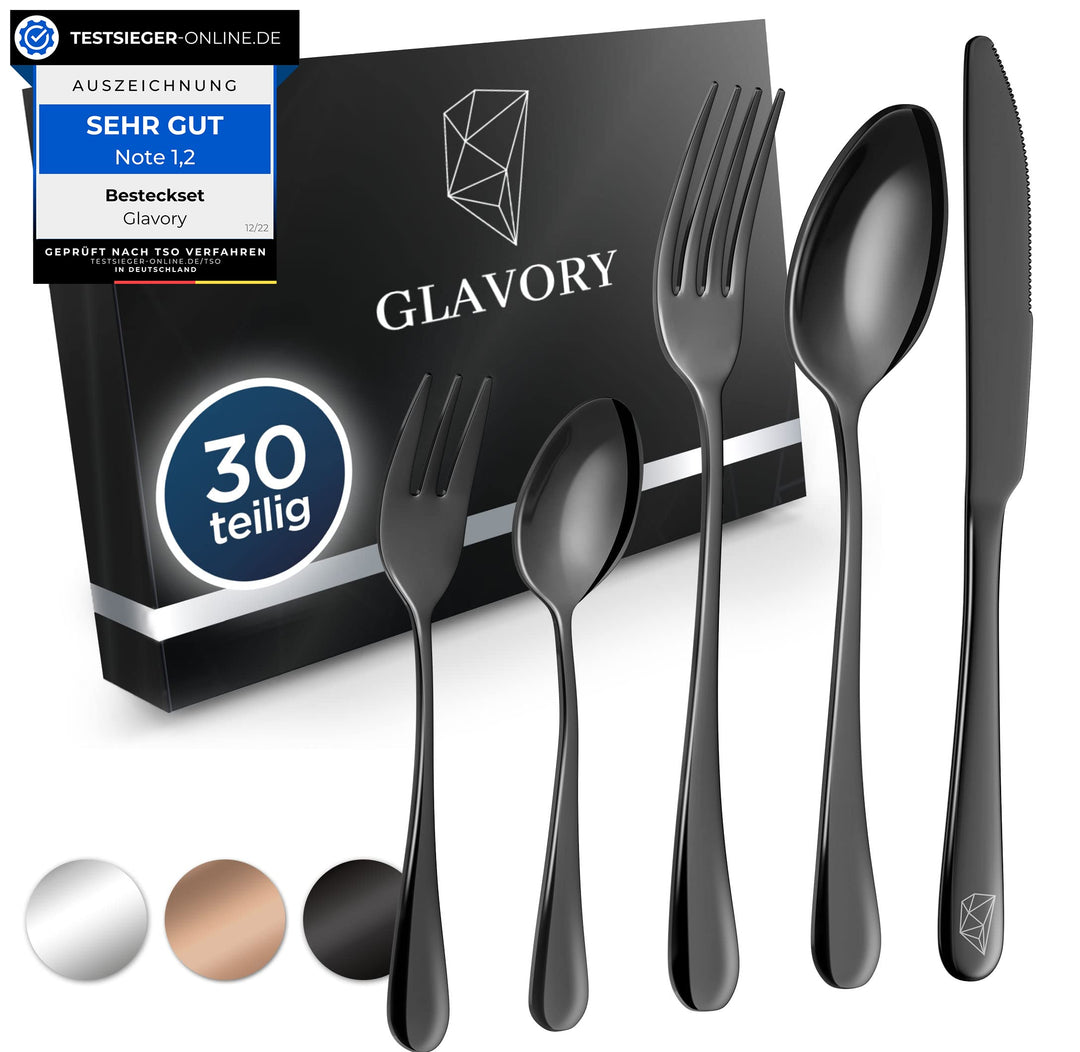 Glavory - Besteck Set 6 Personen Schwarz Hochglanz - 30teilig - Besteckset Spülmaschinenfest aus ros