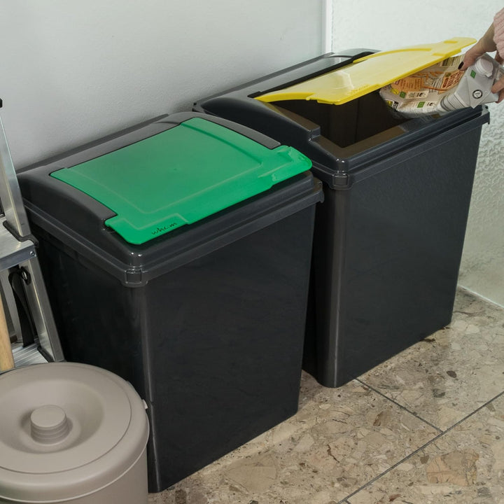 2x 50L Mülltonne Schwarz-Gelb-Grün, Mülleimer Küche, Mülleimer 2 Fächer, Mülltrennsystem, Abfalleime
