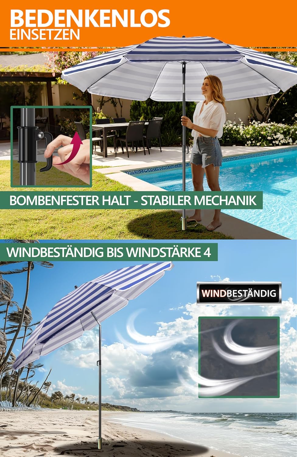 4smile Sonnenschirm Strand mit Rasendorn 3-IN-1 SET, Ø 180 cm, Blau-Weiss | Strandschirm windfest st