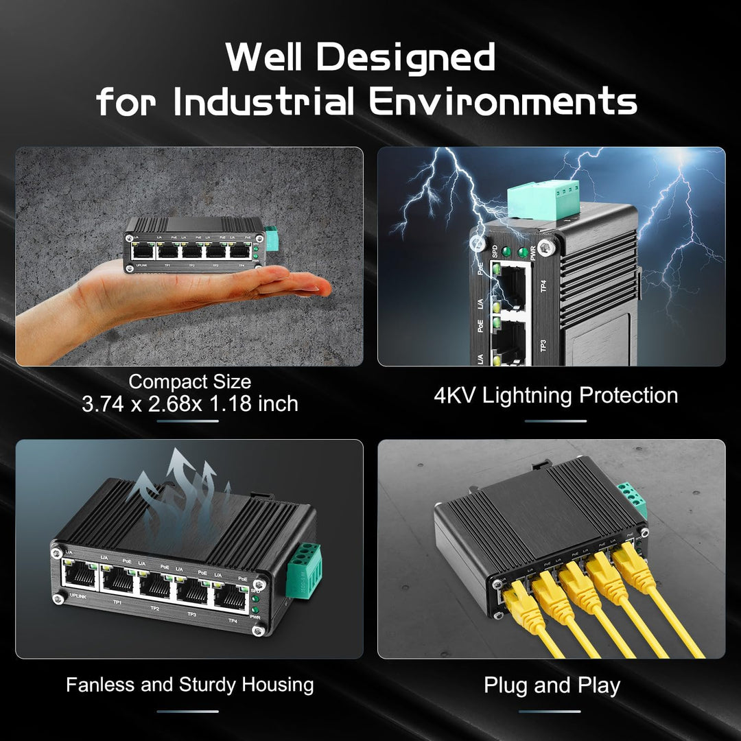 Binardat Industrial Mini 5 Port Gigabit Solar POE Switch, Eingang DC9V-54V bis DC48V Voltage Booster